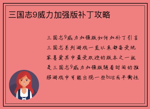 三国志9威力加强版补丁攻略