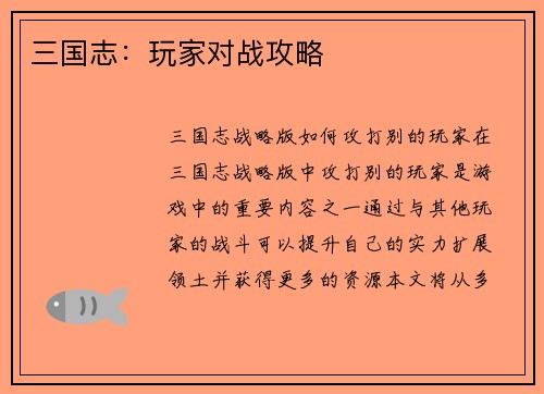 三国志：玩家对战攻略
